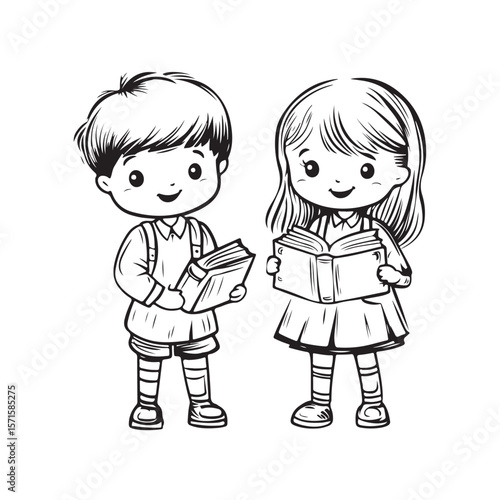 Cute Kid Characters silhouette, Kid Characters holding book vector, Girl and boy, school students vector