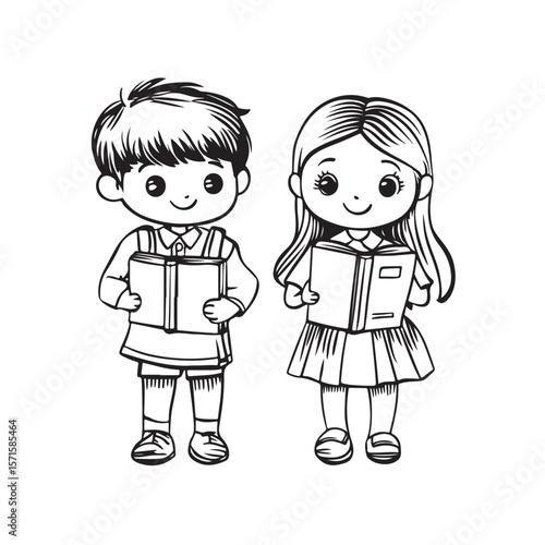 Cute Kid Characters silhouette, Kid Characters holding book vector, Girl and boy, school students vector