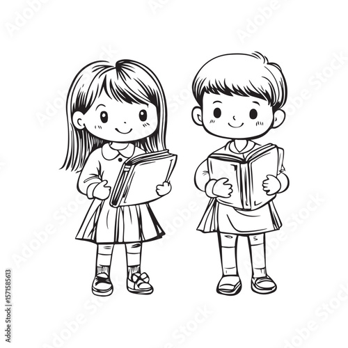 Cute Kid Characters silhouette, Kid Characters holding book vector, Girl and boy, school students vector