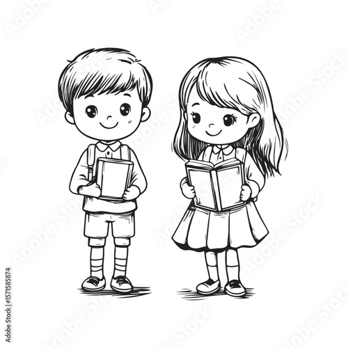 Cute Kid Characters silhouette, Kid Characters holding book vector, Girl and boy, school students vector