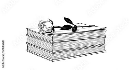 Stack of books with rose hand-drawn black and white illustration