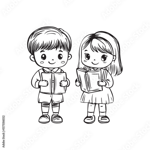 Cute Kid Characters silhouette, Kid Characters holding book vector, Girl and boy, school students vector