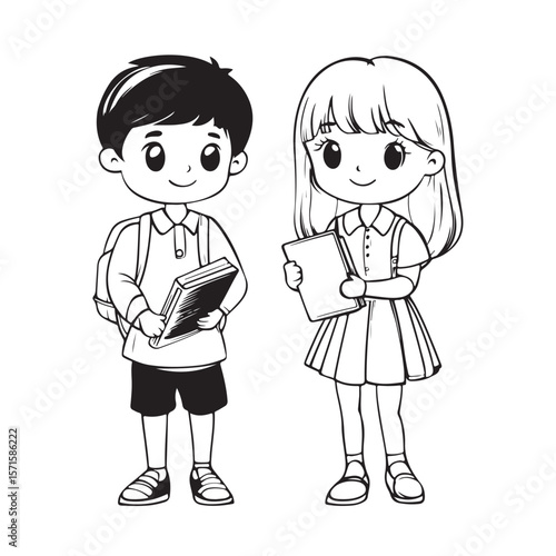 Cute Kid Characters silhouette, Kid Characters holding book vector, Girl and boy, school students vector