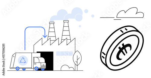 Recycling truck unloading waste at factory with smoke stacks, adjacent to cryptocurrency coin. Ideal for sustainability, blockchain, innovation, finance, circular economy, industrial solutions