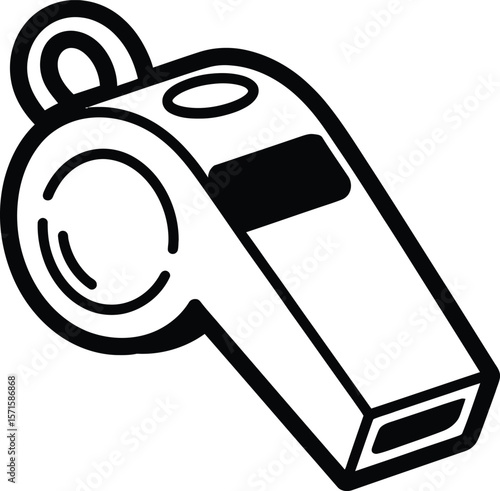 A stylized, black and white line art illustration of a whistle.