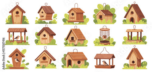 Various Wooden Bird Houses and Feeders