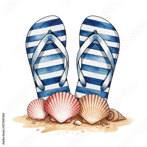 Striped Flip Flops and Seashells on Sand