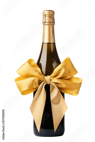 Elegant champagne bottle presents a luxurious golden bow against transparent background