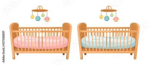  Two Wooden Cribs with Mobile Decorations