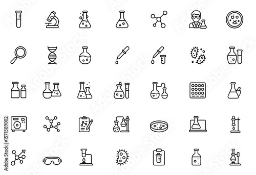 Laboratory icon set, editable line art, experiment, test tube, microscope, flask, chemical, biology, research, science, lab equipment, analysis, scientist, vector illustration.