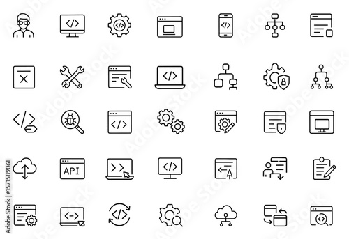 Software developer icon set, editable line art, coding, programming, developer tools, user interface, software engineering, technology, vector illustration, UI design, workflow, app development.