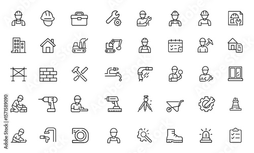 Labor editable icon set, construction, renovation, worker, industry, safety, hardhat, toolbox, manual work, building, craftsman, labor day, vector illustration.