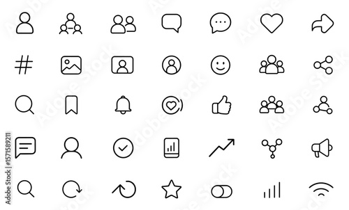 Social media networking line icon set, editable stroke, network connection icons, friends profile comment like share symbols, user interface icons, messaging UI, vector illustration.
