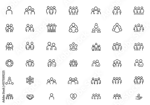 People & Community line icons, editable stroke human silhouettes, social diversity group family team unity symbols, inclusive UI elements for teamwork concept cutout, vector illustration.