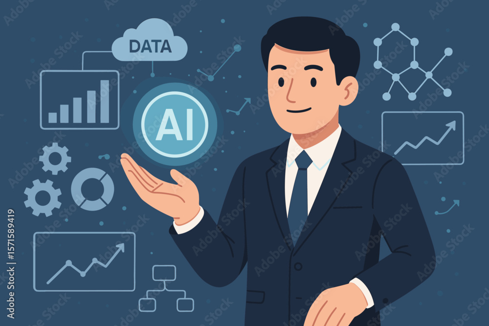 Businessman Presenting Artificial Intelligence Data Analytics, Financial Algorithm, Marketing Strategy, Data Visualization, Machine Learning, Technology Interface Concept Businessman Presenting Artificial Intelligence Data Analytics, Financial Algorithm, Marketing Strategy, Data Visualization, Machine Learning, Technology Interface Concept