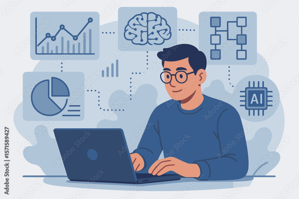 Data scientist programmer using laptop analyzing data charts, AI algorithm, deep learning, neural network, machine learning, virtual interface, business analytics, marketing technology Data scientist programmer using laptop analyzing data charts, AI algorithm, deep learning, neural network, machine learning, virtual interface, business analytics, marketing technology