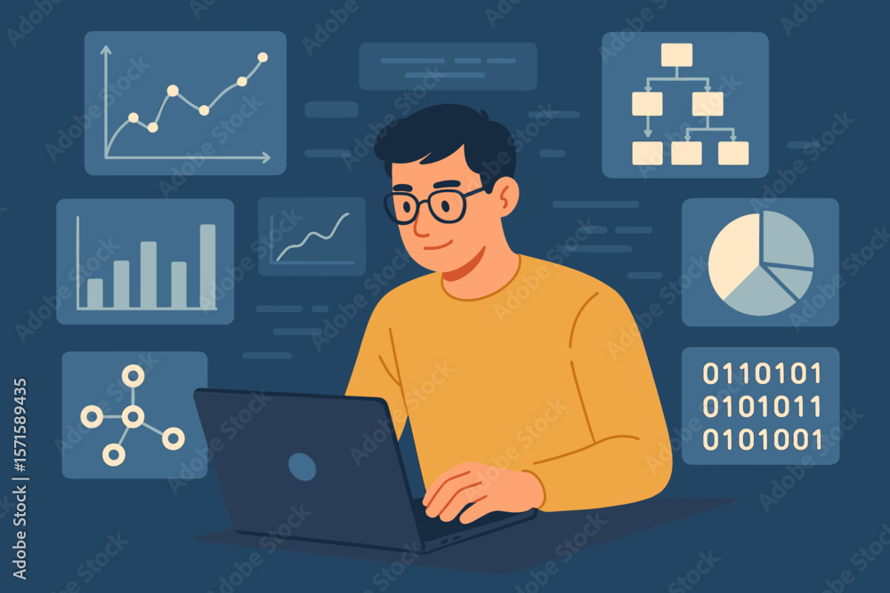Data scientist programmer analyzing data on laptop, virtual dashboard with charts, graphs, binary code, algorithm development, workflow, analytics, modern flat vector illustration Data scientist programmer analyzing data on laptop, virtual dashboard with charts, graphs, binary code, algorithm development, workflow, analytics, modern flat vector illustration