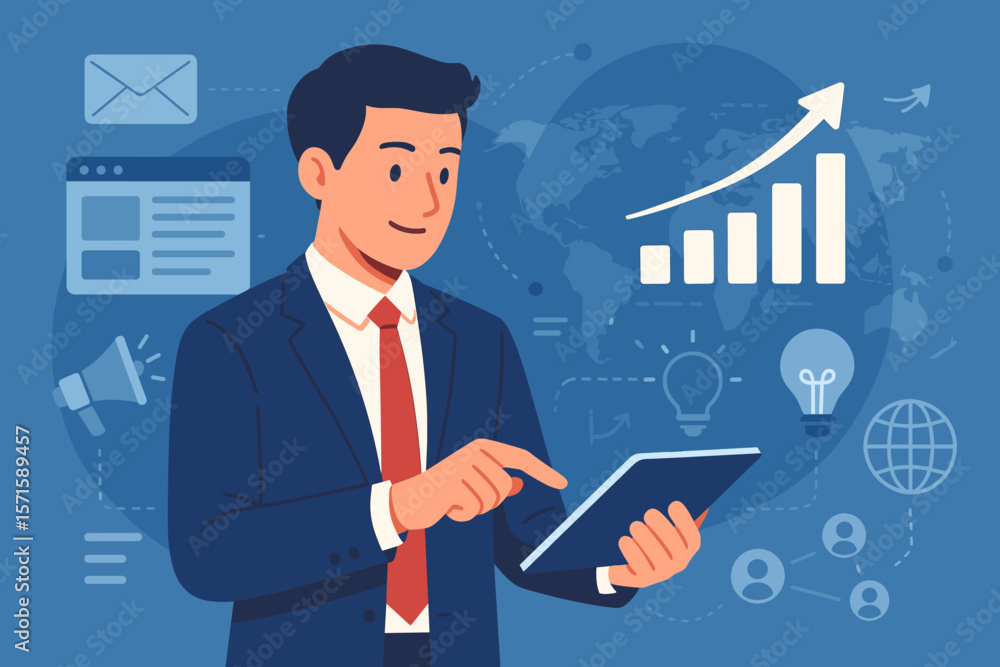 Digital Marketing Businessman with Tablet Analyzing Sales Data, Growth Graph, Marketing Technology, AI, Content Strategy, Solution, Global Interface, Innovation Digital Marketing Businessman with Tablet Analyzing Sales Data, Growth Graph, Marketing Technology, AI, Content Strategy, Solution, Global Interface, Innovation