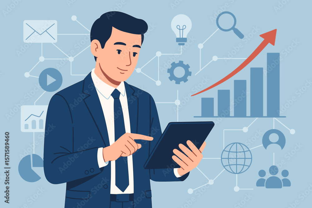 Businessman Using Tablet for Digital Marketing Analysis, Sales Data Growth, Strategy Development, Modern Interface Icons, Solution Analysis, Global Business Concepts Businessman Using Tablet for Digital Marketing Analysis, Sales Data Growth, Strategy Development, Modern Interface Icons, Solution Analysis, Global Business Concepts