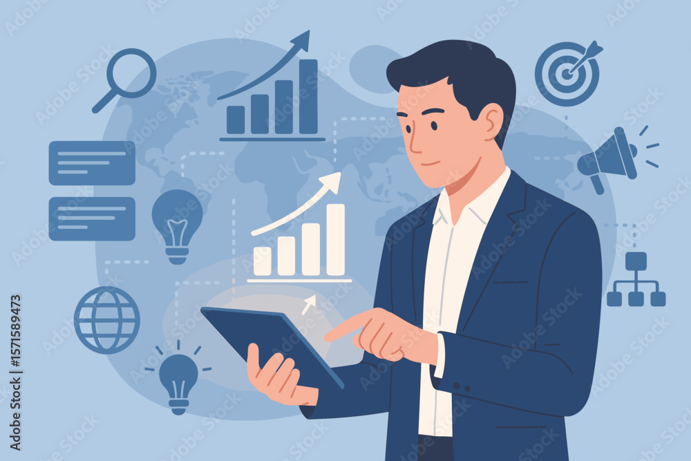 Digital Marketing Strategy, Businessman Using Tablet, Data Analysis, Sales Growth, Graphs, Modern Interface Icons, Solution Development, Global Business Concepts Digital Marketing Strategy, Businessman Using Tablet, Data Analysis, Sales Growth, Graphs, Modern Interface Icons, Solution Development, Global Business Concepts