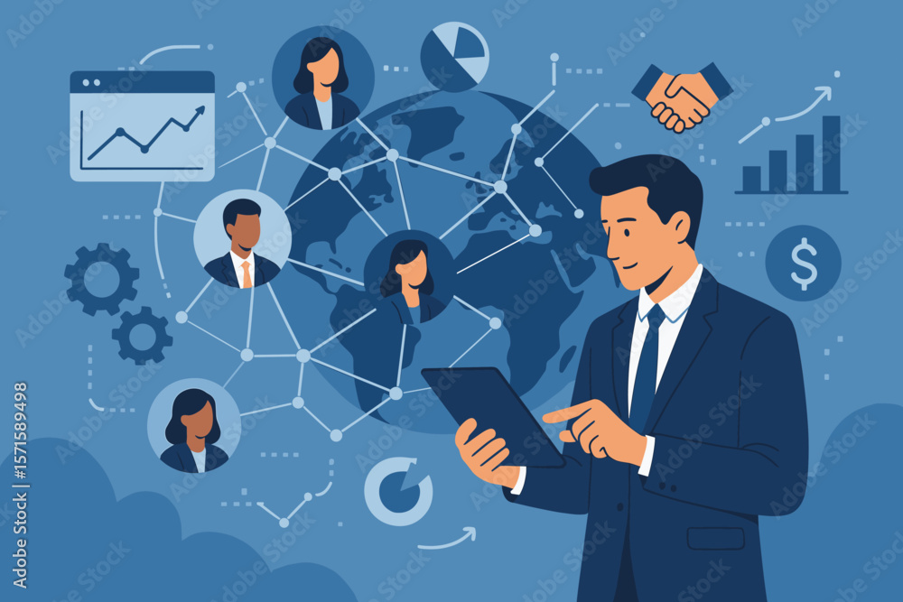 Global business network connection, digital teamwork, partnership, data exchange, investment analysis, planning, strategy, businessman with tablet, analytics, communication Global business network connection, digital teamwork, partnership, data exchange, investment analysis, planning, strategy, businessman with tablet, analytics, communication