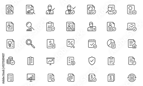 Audit inspection icons, auditor checklist, documentation symbols, checkmark, financial control graphics, compliance workflow imagery, quality assurance visuals, vector illustration.