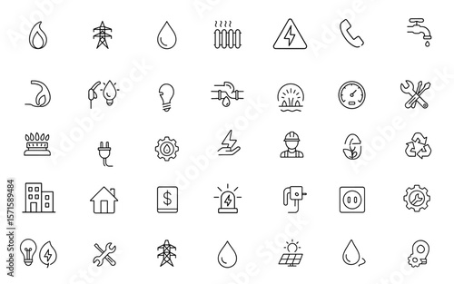 Public utilities vector illustration line icon set, editable strokes, infrastructure service symbols for gas water electricity heating networks, energy facility UI pack, network glyphs.