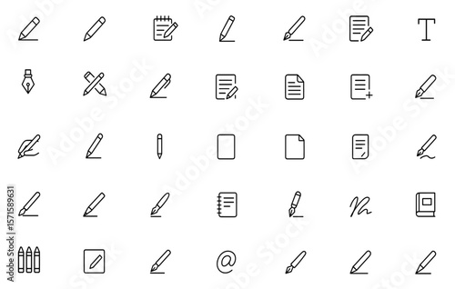 Writing line editable icon set with pen, note, pencil, edit, text, document, writer, journal, handwriting, content creation, outline symbol, stroke style, vector illustration.