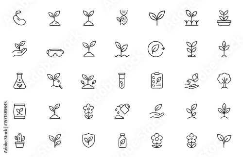 Botany line editable icon set, thin stroke plant symbols, herbal leaf illustration, outline flora graphics, botanical science icons, garden vector illustration, nature, environment, organic, biology.