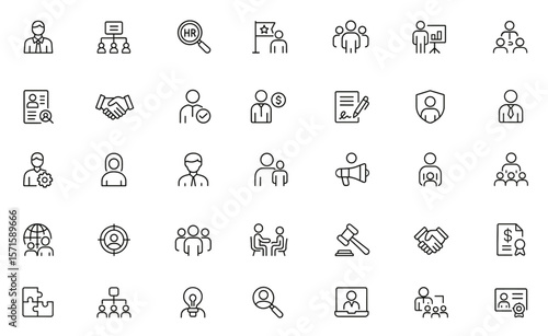 Human Resources line editable icon set, HR, recruitment, office, employment, company, business, management, organization, corporate team, staff structure, vector illustration.