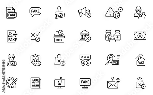 Fake line editable icon set, disinformation, hoax, lie, scam, fraud, misinformation, rumor, manipulation, false claim, propaganda, deception, vector illustration, internet icon, alert icons, fake news