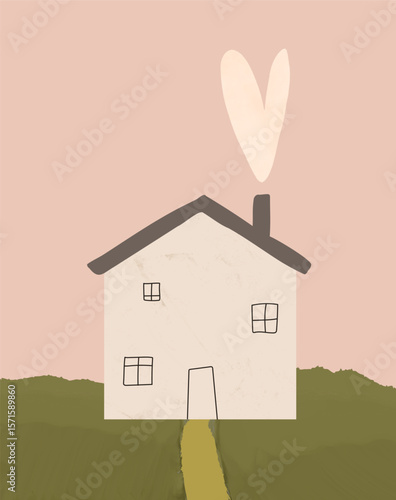 Home Sweet Home. Abstract Vector Art with Cute Hand Drawn House on a Pink Sky Background. White Heart-shaped Smoke Coming Out Of The Chimney. Lovely Nursery Art. Kids Room Decoration. 