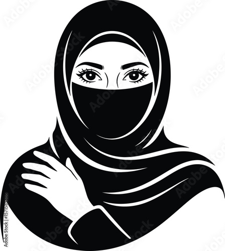 A stylized, black and white silhouette of a woman wearing a hijab.