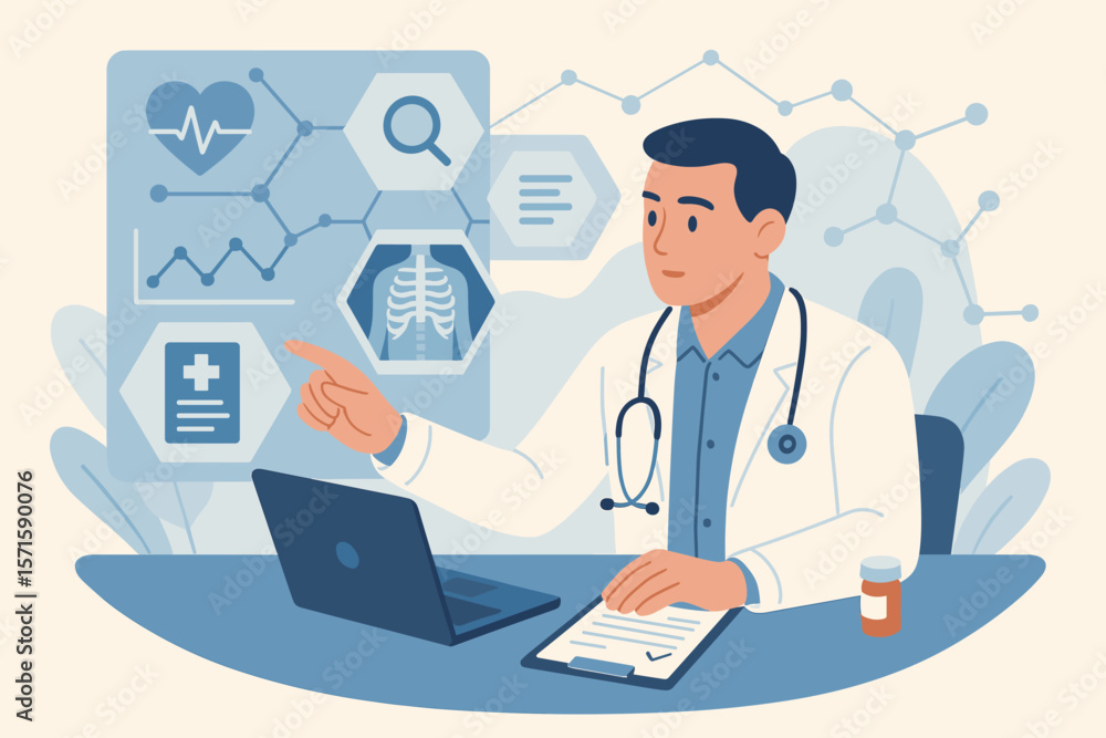 Modern healthcare technology concept. Doctor analyzing patient diagnosis data, digital medical records, health report, data visualization, virtual interface, telemedicine, medicine Modern healthcare technology concept. Doctor analyzing patient diagnosis data, digital medical records, health report, data visualization, virtual interface, telemedicine, medicine