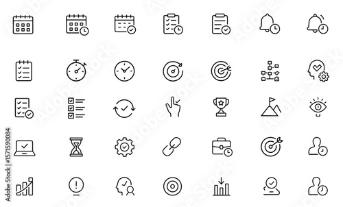 Time management line editable icon set, planner, calendar, task, schedule, reminder, timer, to-do list, delegation, set priorities, productivity icons, vector illustration.