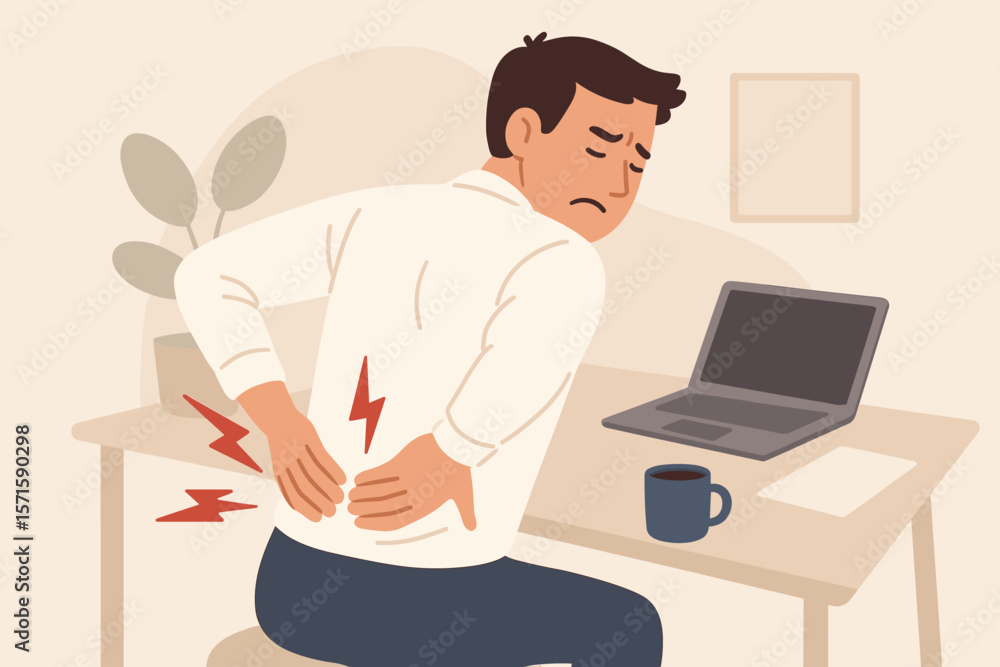 Office Worker Suffering Lower Back Pain, Sitting at Desk, Hands on Back, Office Syndrome, Ergonomics, Medical Healthcare, Modern Flat Vector Illustration Office Worker Suffering Lower Back Pain, Sitting at Desk, Hands on Back, Office Syndrome, Ergonomics, Medical Healthcare, Modern Flat Vector Illustration