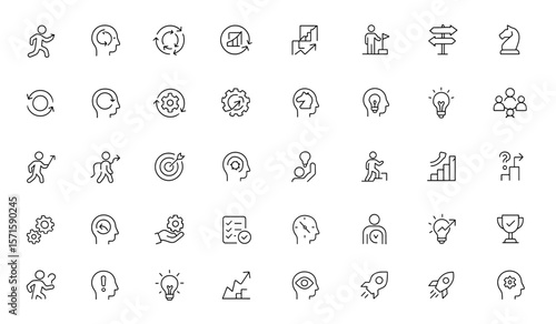 Adaptability icon set, flexible mindset, change management, problem solving, growth concept, leadership skills, vector illustration, business adaptability icons, editable stroke, teamwork, success.