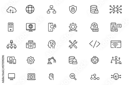 Information Technology line editable icon set, cloud computing, internet network, data analytics, cybersecurity, big data, online system, digital infrastructure, vector illustration.