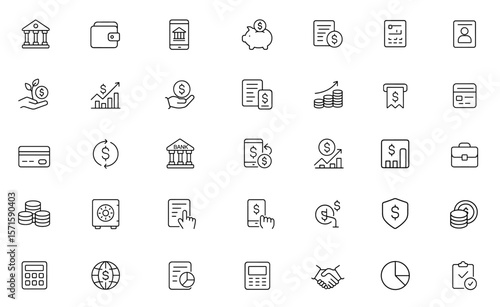 Bank line editable icon set, wallet, online banking, ATM, savings, mortgage, investment, finance, economy, account, credit card, fintech, transaction. Vector illustration.