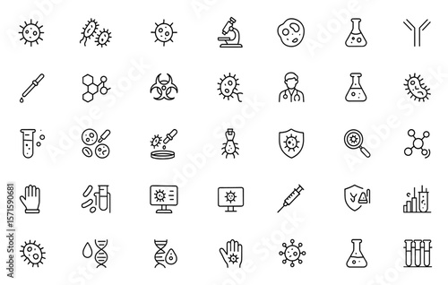 Microbiology line icon set, editable stroke, bacteria, virus, microscope, cell, petri dish, infection, germ, biology, science lab, health research, vector illustration.