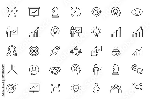 Plan, tactic, strategy line editable icon set, leadership symbol, marketing planning icons, business analysis, growth idea, editable stroke, vector illustration.
