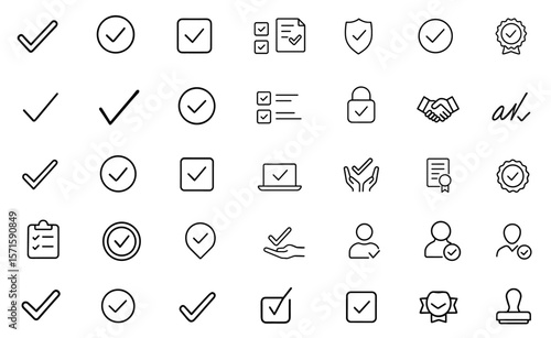 Checkmark line editable icon set, correct, approve, checklist, confirm, verified, complete, agree, accept, ok symbol, flat mark icons, minimal outline, vector illustration.