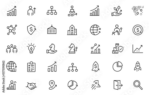 Business Expansion Line Editable Icon Set, global growth, strategy, scalable network system, international trade, corporate structure, economic development, market reach, vector illustration.