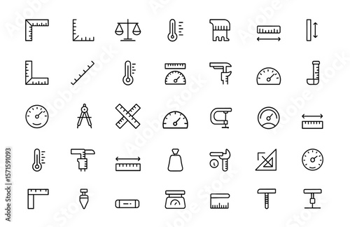 Measure line icon set, scale symbols, ruler outlines, gauge indicators, size dimension vector icons, temperature gauges, calibration tools, precision instrument icons, vector illustration.