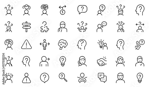 Confusion, uncertainty, ambiguity, hesitation, misunderstanding, lost line editable icon set, doubt and indecision symbols, UI problem solving graphics, support concept vector illustration.