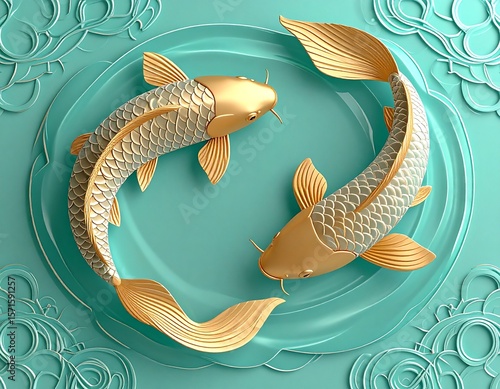 Embossed 3D cartoon koi fish swimming in turquoise water, glass‑like highlights