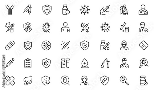 Immunization icon set, line art editable stroke, vaccination healthcare design, medical prevention symbol series, flat outline medical vector illustration, public health communication icon pack.