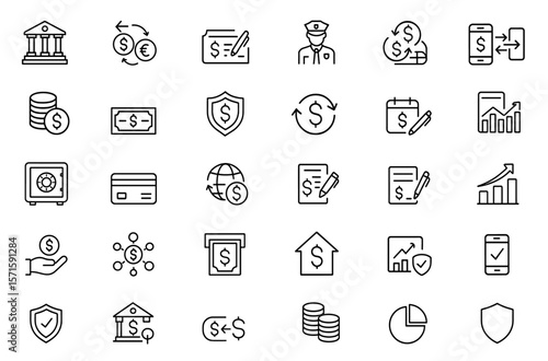 Editable bank and financial services icon set, currency exchange chequebook security guard money transfer loan mobile banking transaction symbols, business finance icons, vector illustration.