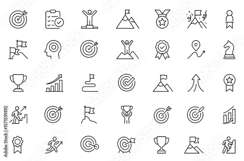 Goal tracking milestone icon set, editable stroke, mission achievement target success medal reward celebration trophy UI pack, business planning icons vector illustration.