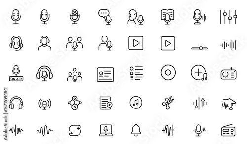 Podcast broadcasting microphone icon set, sound studio conversation symbol, podcaster and audiobook media interface, audio production and streaming controls, vector illustration.